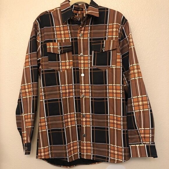 Uomoz Stretchy fleece lined long Sleeve collared snap plaid shacket jacket -L - Picture 1 of 11